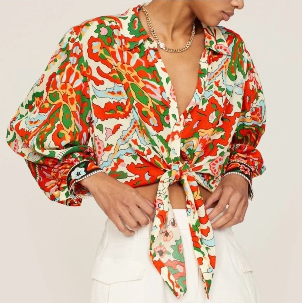 Cupcakes and Cashmere Psychedelic Floral Tie Front Crop Top Orange Green Small